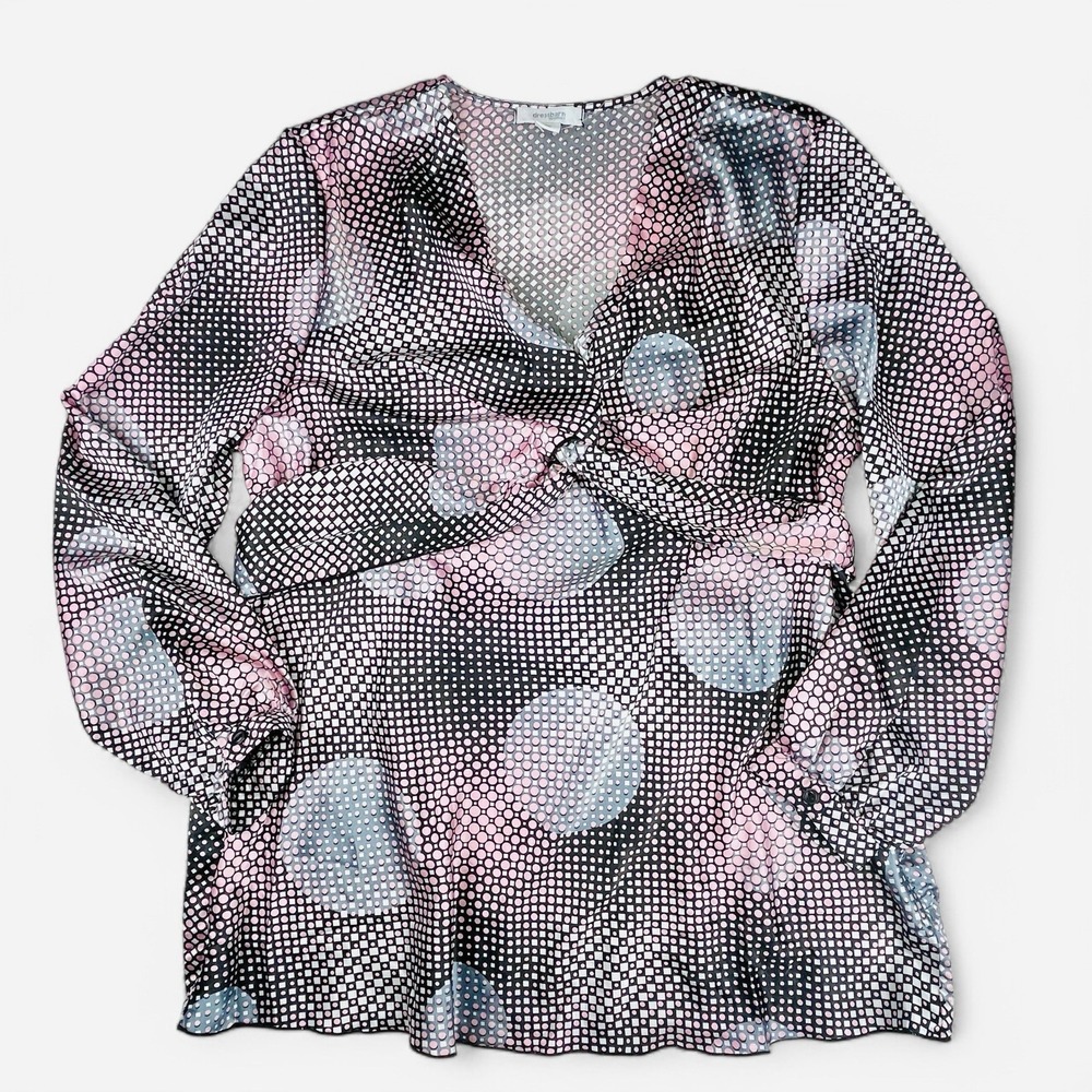 Dressbarn Wrap Blouse Womens Plus Size 2X Long Sleeve Tie Back Pink Black Dot‎